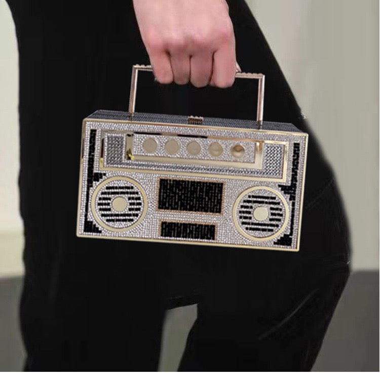 Luxury Woman's Retro Radio Crystal Evening Clutch Bag For Wedding Party Bridal Ladies Metal Handle Rhinestone Handbag and Purse