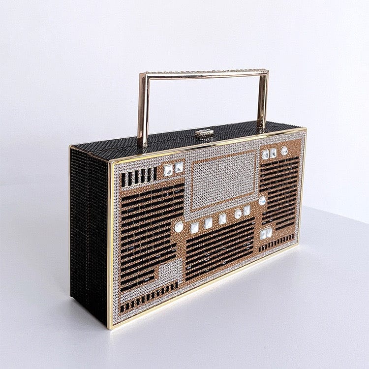 Luxury Woman's Retro Radio Crystal Evening Clutch Bag For Wedding Party Bridal Ladies Metal Handle Rhinestone Handbag and Purse