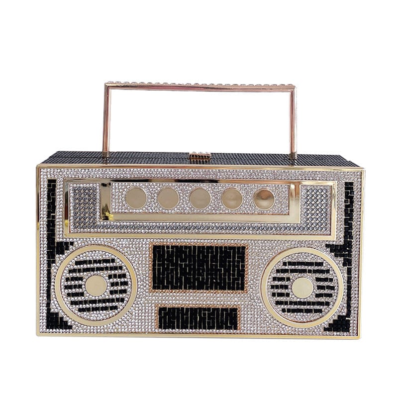 Luxury Woman's Retro Radio Crystal Evening Clutch Bag For Wedding Party Bridal Ladies Metal Handle Rhinestone Handbag and Purse