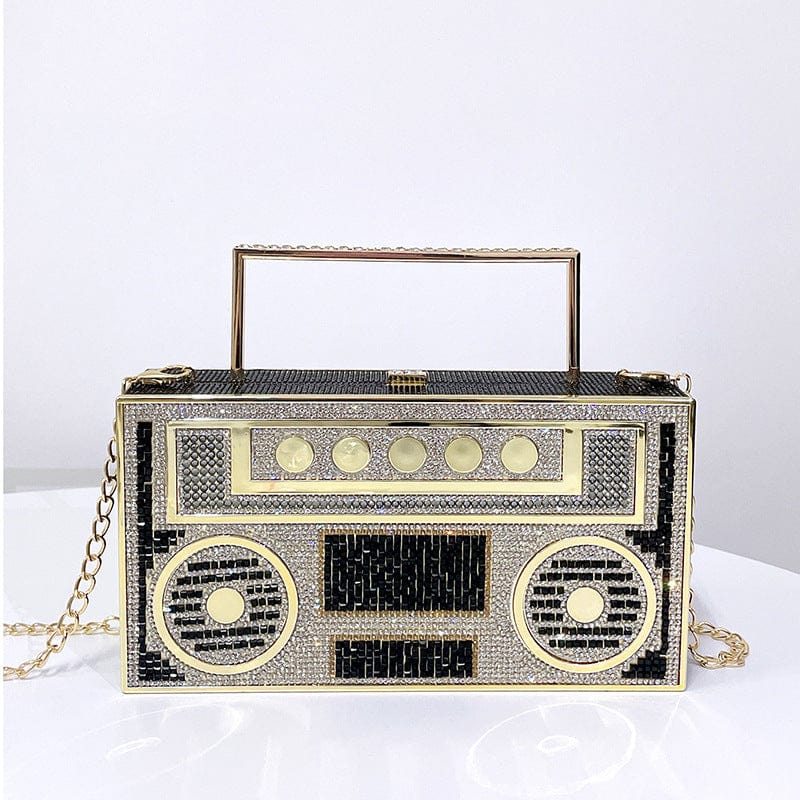 Luxury Woman's Retro Radio Crystal Evening Clutch Bag For Wedding Party Bridal Ladies Metal Handle Rhinestone Handbag and Purse