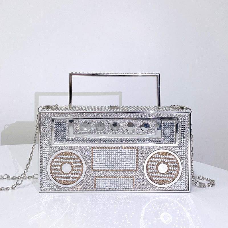 Luxury Woman's Retro Radio Crystal Evening Clutch Bag For Wedding Party Bridal Ladies Metal Handle Rhinestone Handbag and Purse