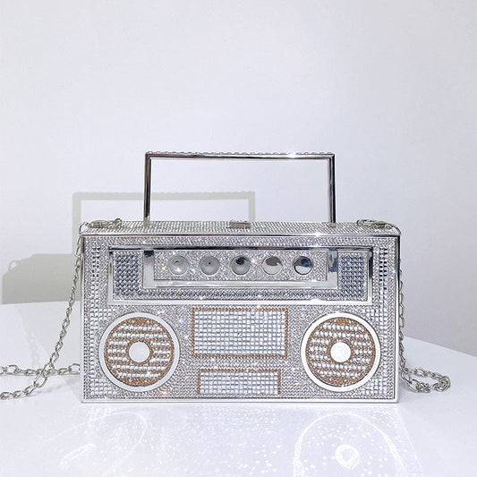 Luxury Woman's Retro Radio Crystal Evening Clutch Bag For Wedding Party Bridal Ladies Metal Handle Rhinestone Handbag and Purse