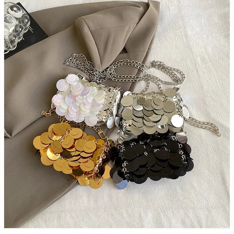 Luxury Women Bags Designer Silver Metal Sequins Chain Woven Purse Evening Bags Clutch Female Travel Holiday Shoulder Bag Handbag