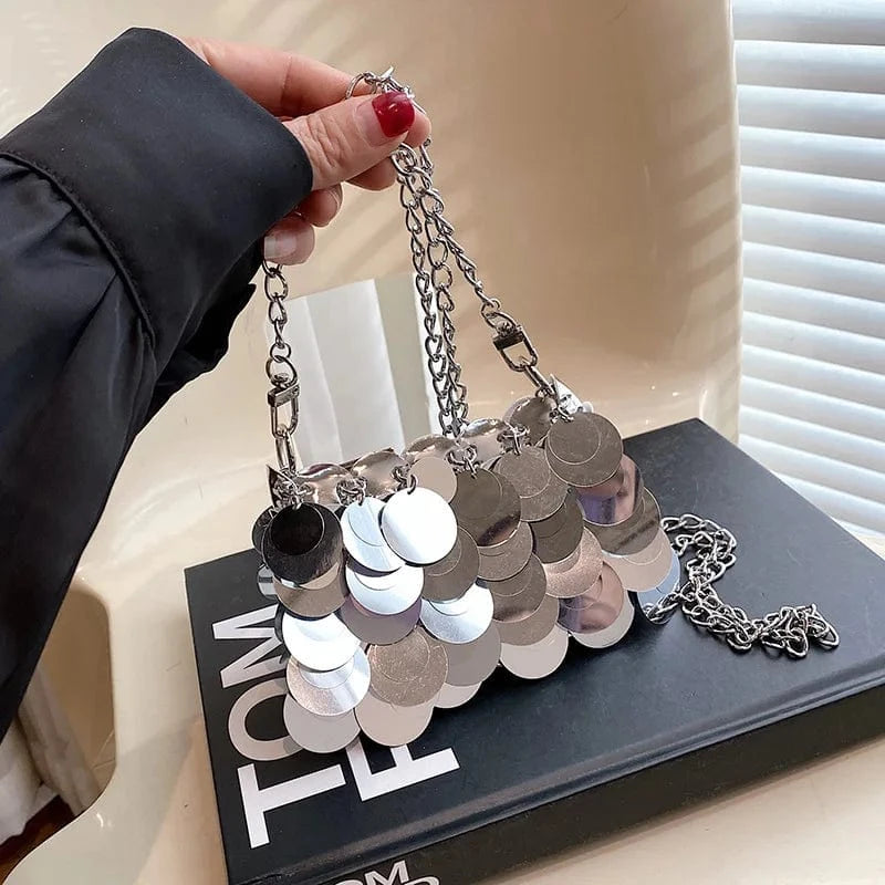 Luxury Women Bags Designer Silver Metal Sequins Chain Woven Purse Evening Bags Clutch Female Travel Holiday Shoulder Bag Handbag