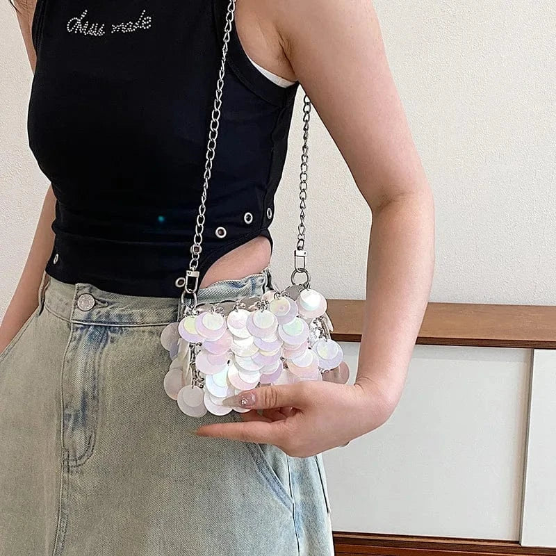 Luxury Women Bags Designer Silver Metal Sequins Chain Woven Purse Evening Bags Clutch Female Travel Holiday Shoulder Bag Handbag