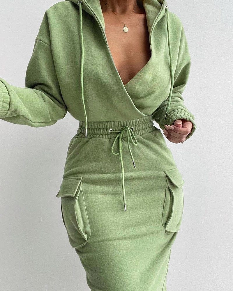 LW 2022 summer solid color slim fitted 2 piece long sleeve deep v pullover hoodie and dresses set clothing skirt two piece set