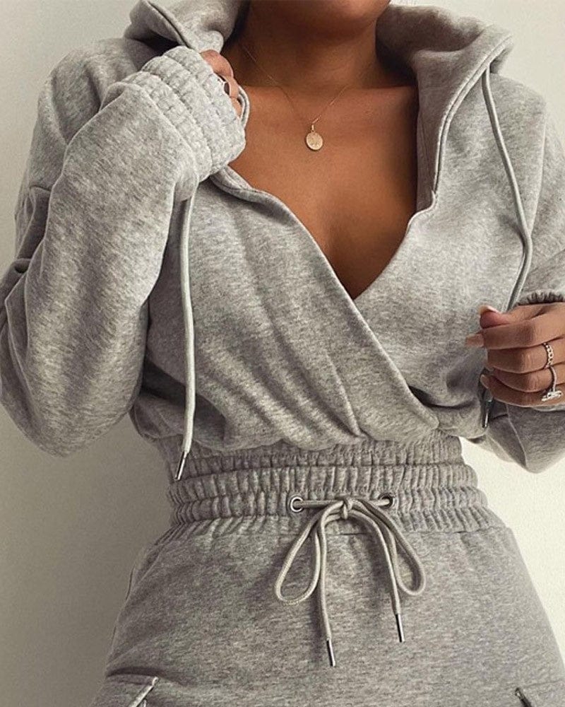 LW 2022 summer solid color slim fitted 2 piece long sleeve deep v pullover hoodie and dresses set clothing skirt two piece set