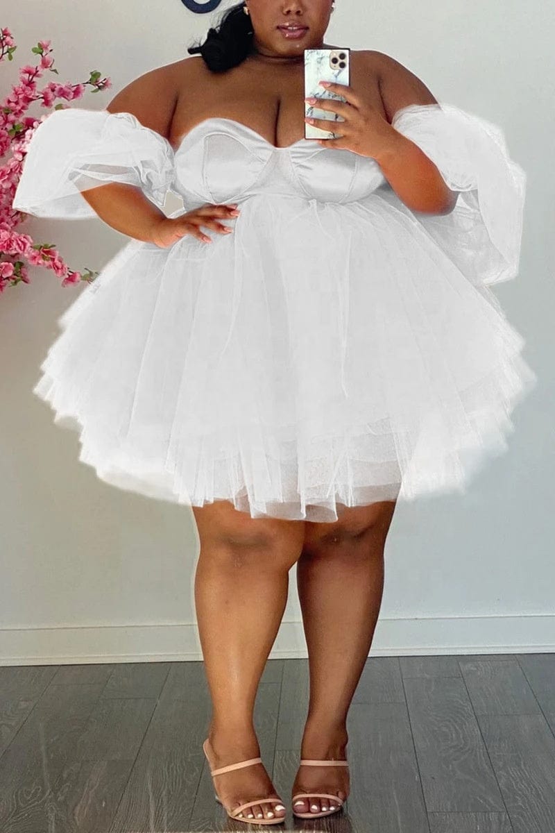 LW 5XL woven mesh summer women solid color off the shoulder loose short sexy prom dresses elegant plus size evening dresses