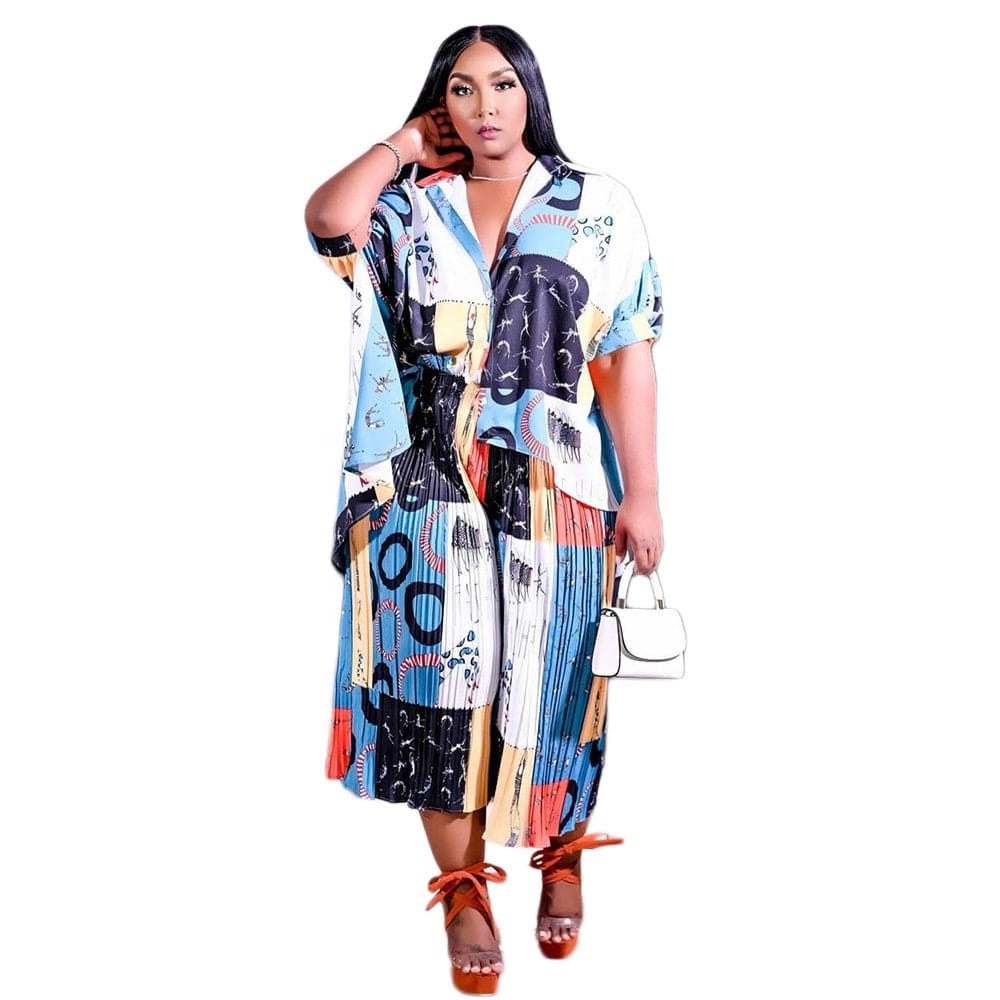 LW plus size set sexy printed short sleeve cardigan blouses shirt top 2piece women outfit top shirts and pants sets