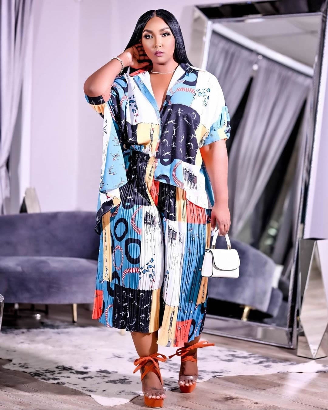 LW plus size set sexy printed short sleeve cardigan blouses shirt top 2piece women outfit top shirts and pants sets