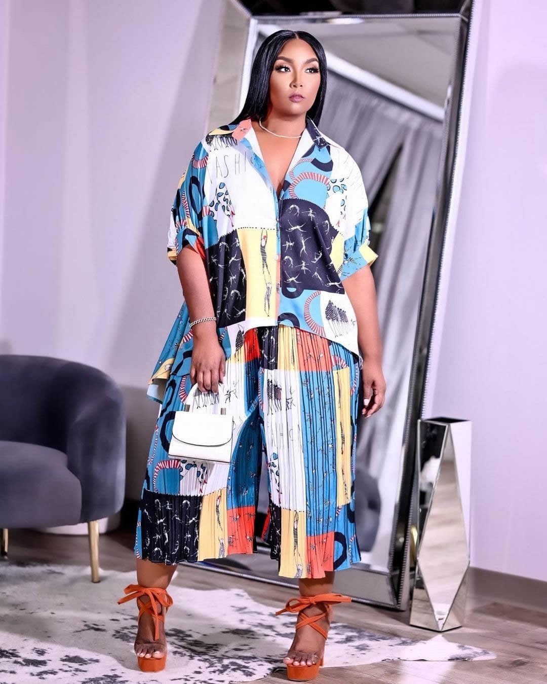 LW plus size set sexy printed short sleeve cardigan blouses shirt top 2piece women outfit top shirts and pants sets