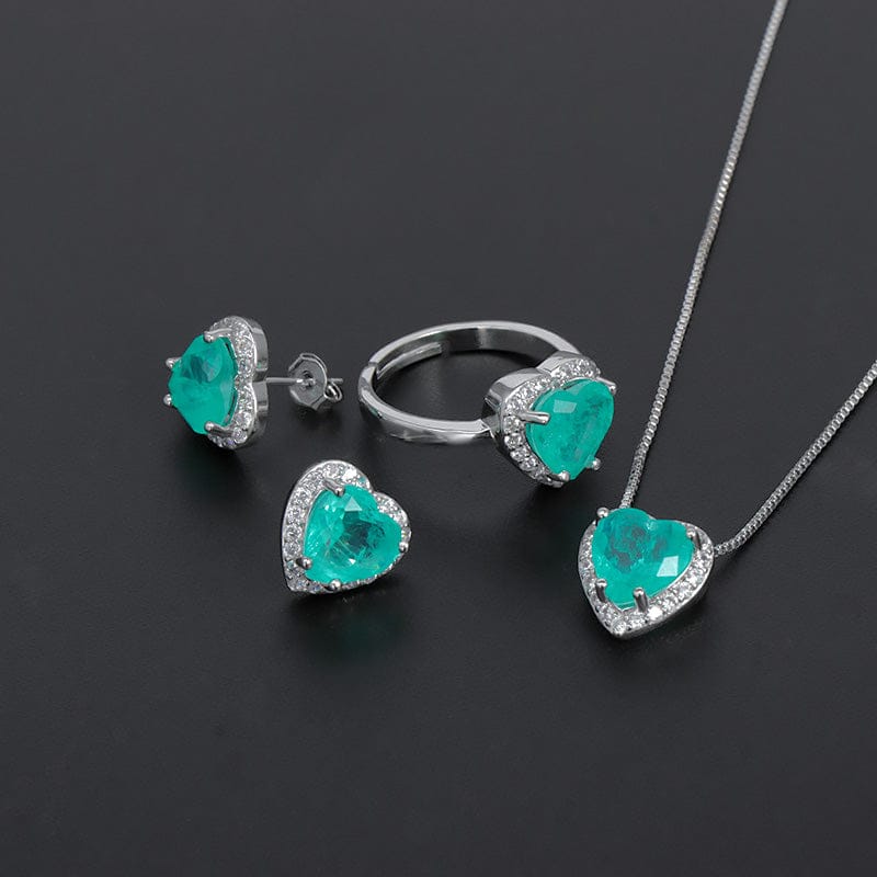 LWJS80172 4 Pcs Simple Heart Shaped Sapphire Earrings Rings Necklace Platinum Plated Paraiba Tourmaline Jewelry Set For Wedding