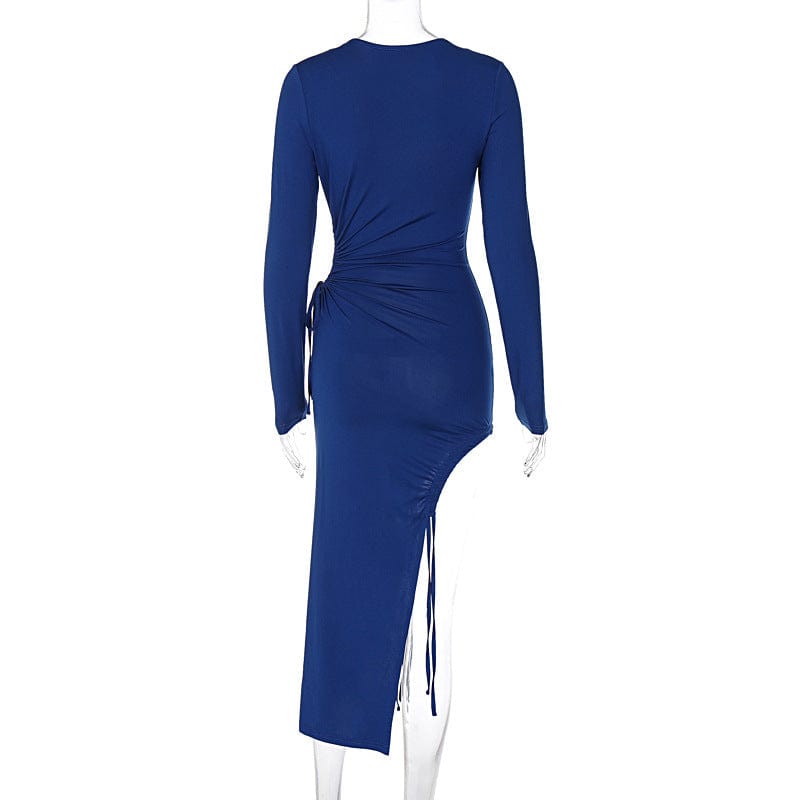 Lygens 0856 O Neck Long Sleeve Hollow Out Hole Slit Elegant Ruched Women Midi Dress Winter Party Evening Club American Clothing