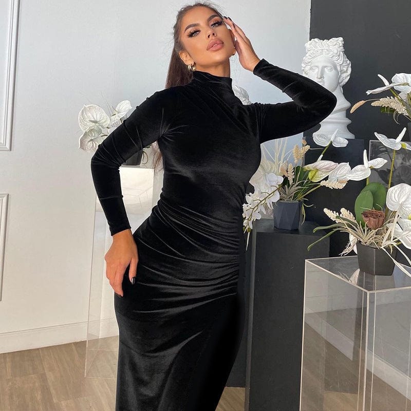 Lygens 10594 Elegant Solid Bodycon Maxi Winter Long Sleeve Women Dress 2022 Fashion Winter Party Club Evening American Clothing