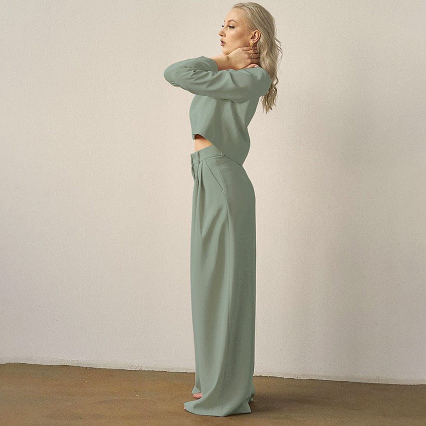 M / #05 Women's 2 Piece Outfits Long Sleeve Round Neck Crop Basic Top Cropped Wide Leg Pants Set Jumpsuits Formal