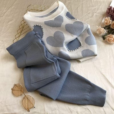 M / 1 New Arrival Beaded Heart Shape Short-Sleeved Sweater + Elastic Waist Pants Women Sweet 2pcs Suit Ladies Clothing Set