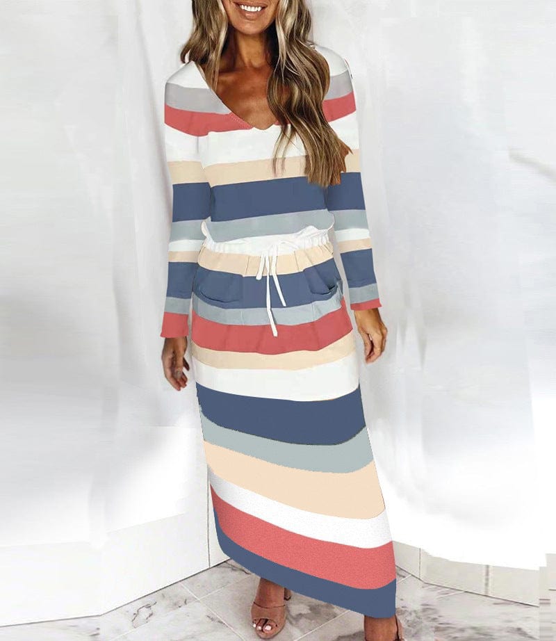 M / 1 V-neck loose print striped long-sleeved dress
