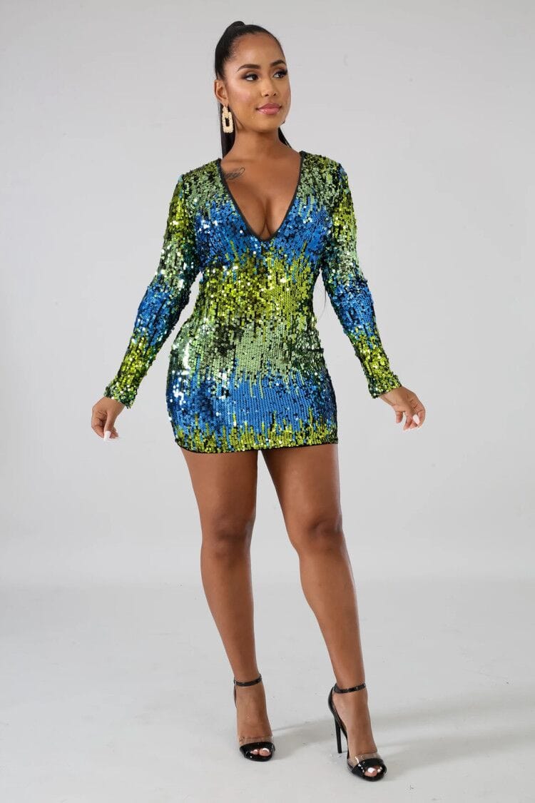M / 2 JANHE vestidos de fiesta robes femme Ladies Bling teal sequin fashion night prom dress girls party Deep V Sexy Club Dress