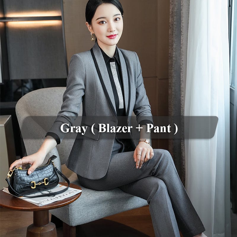 M / 2 piece Gray pant suits Wholesale 2 Piece Suits High quality Business Women Pant Suit Fashion Formal Lady Office Suit Blazer and Trousers Work clothes