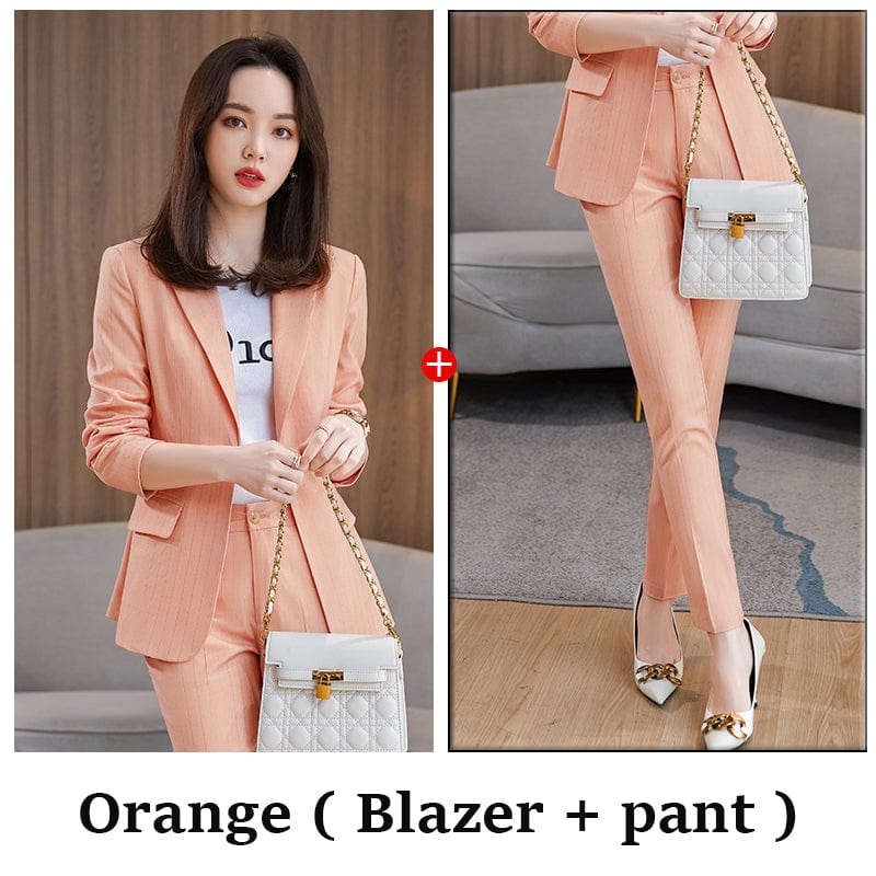 M / 2 Piece Orange Pant Suit Wholesale 2 Pieces Pant Set Suits Fashion Office Ladies Work Wear for Women's Business Female Formal Stripe Blazer Outfit Pant