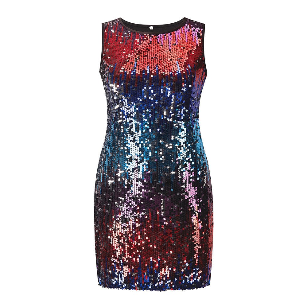 M / 2 Summer Crystal Sequins Party Dress Women Sleeveless O-Neck Slim Mini Sexy Club Evening Dress