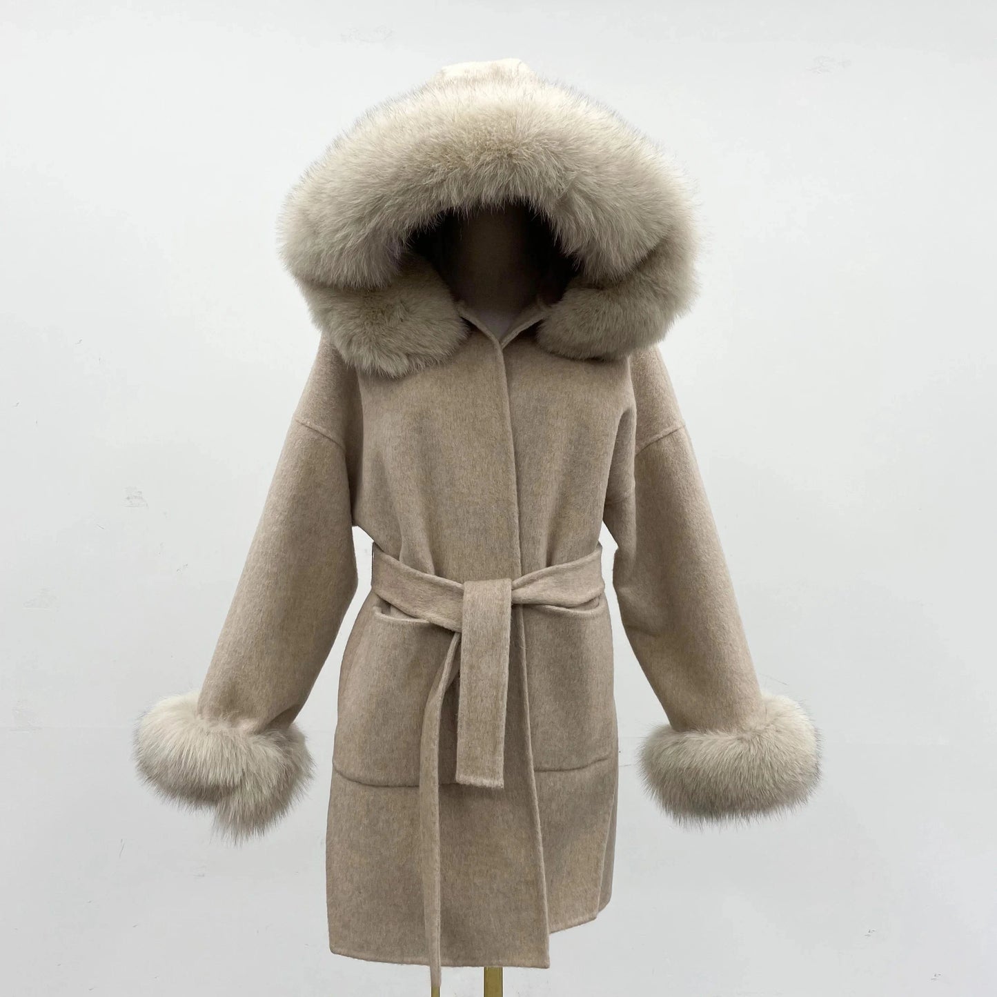 M / 4 hot selling grey black fox fur collar and fur cuff hood  wool coat wholesale women cashmere wool fur coat