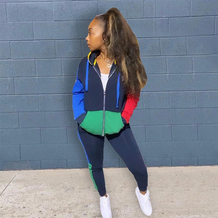 M / 6 2022 Brand Jogging Suits Women Sweatsuit Two Piece Set Outfits Patchwork Pocket Hoodies Top Joggers Pants Tracksuit