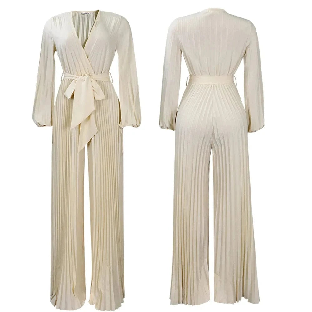 M / apricot High Quality Summer New V-neck Sexy Straps Pleated Wide-leg Plus Size Women's Jumpsuit