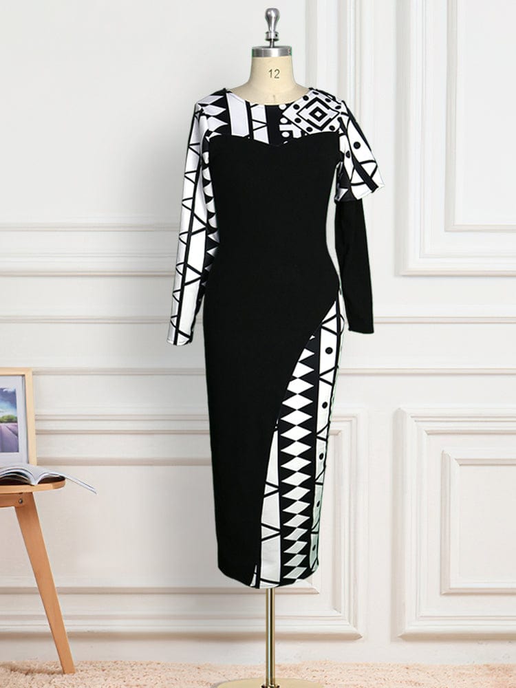 M / As Photo 2022 Hot Sale Classy Vintage Printed Geometric Women Office Career Dress