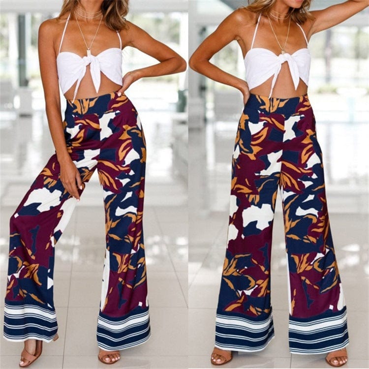 M / As show Women Pants Casual Long Trousers Floral Print Boho High Waist Loose Coastal Sea Beach for Ladies Wide Leg Pants Flat Front