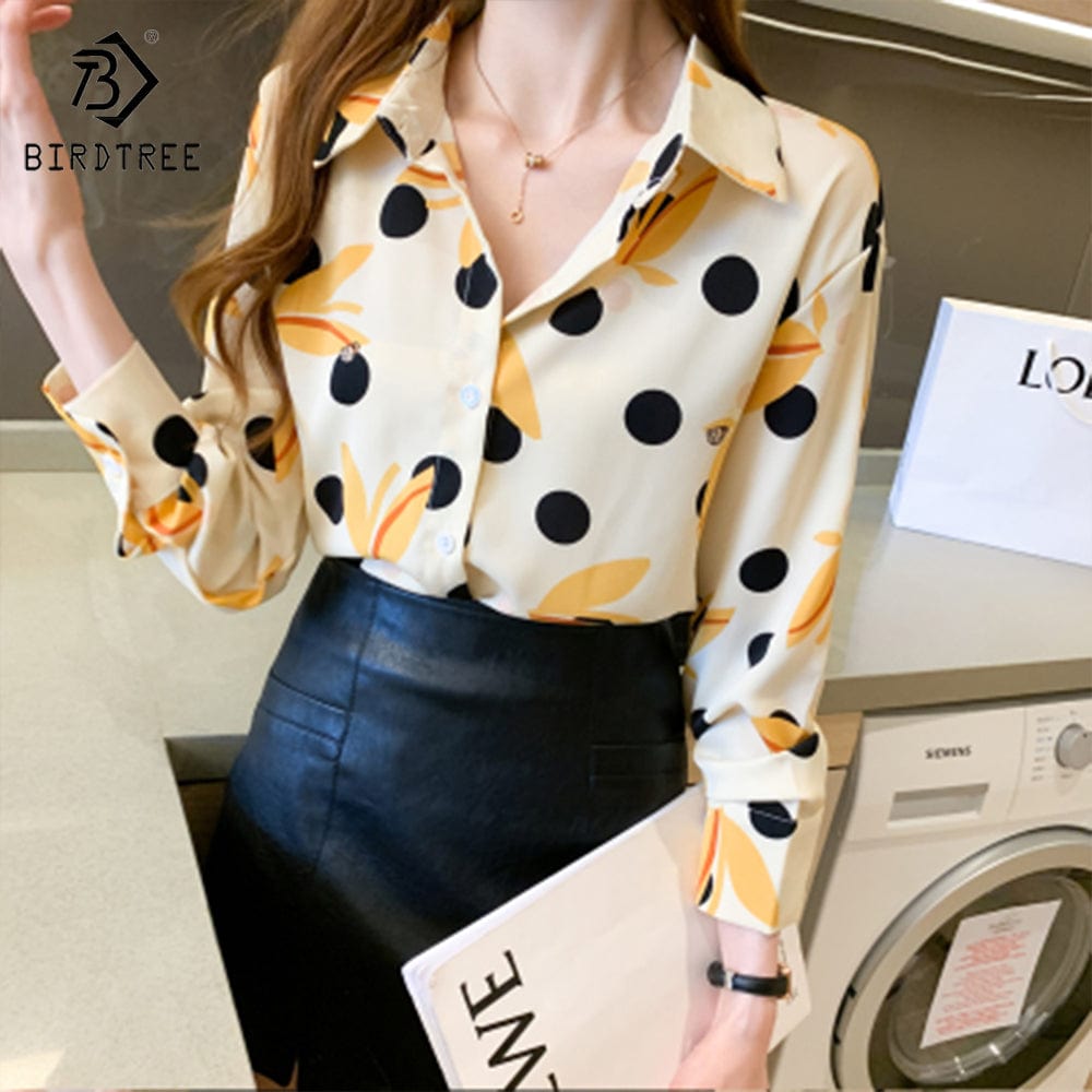 M / Beige Fashion Ladies Long Sleeve Dot Printing Shirts Elegant Casual Loose Blouses Career Chiffon Shirt Tops For Spring Autumn