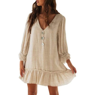 M / Beige Hot Sale Women's Loose Long Sleeve Dress Ladies Ruffle Hem Dresses A-line Dress For Women