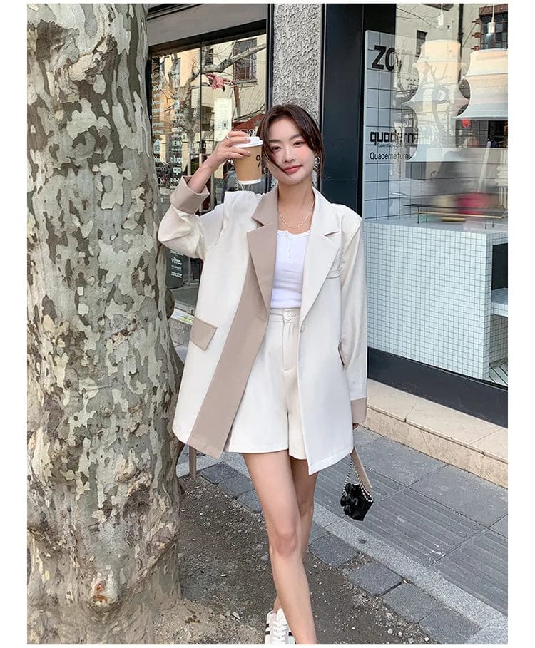 M / Beige OUDINA Fashion Korean Style Women Blazer Belt Color Contrast Casual Blazers For Women
