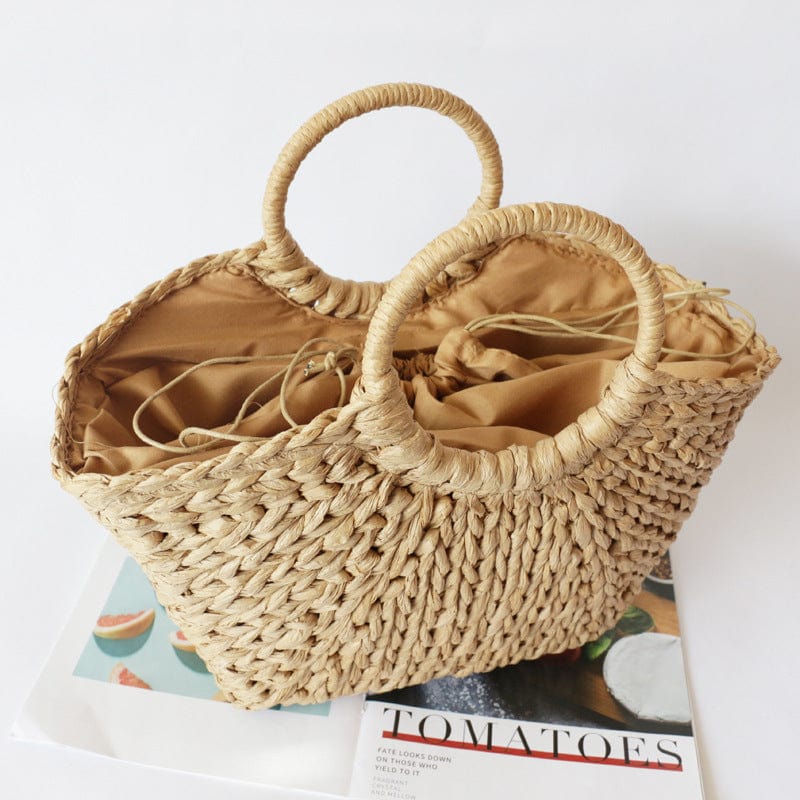 M / Beige Summer Handmade Bags for Women Beach Weaving Ladies Straw Bag Wrapped Beach Bag Moon shaped Top Handle Handbags Totes