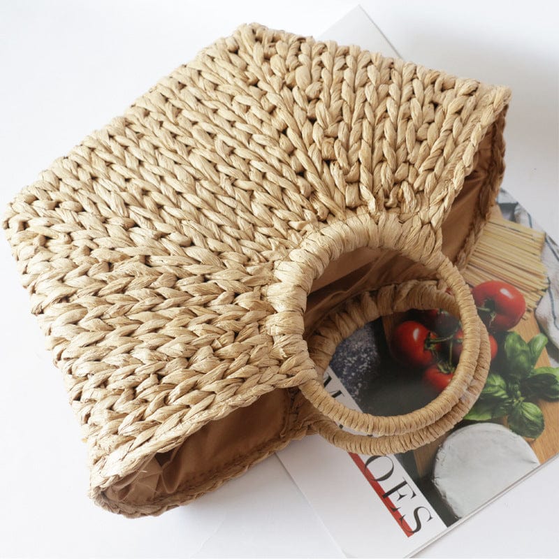 M / Beige Summer Handmade Bags for Women Beach Weaving Ladies Straw Bag Wrapped Beach Bag Moon shaped Top Handle Handbags Totes