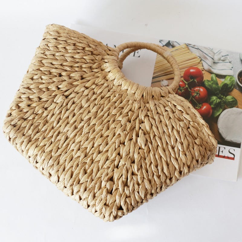 M / Beige Summer Handmade Bags for Women Beach Weaving Ladies Straw Bag Wrapped Beach Bag Moon shaped Top Handle Handbags Totes