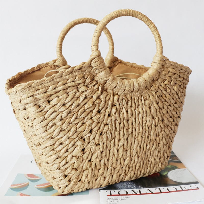 M / Beige Summer Handmade Bags for Women Beach Weaving Ladies Straw Bag Wrapped Beach Bag Moon shaped Top Handle Handbags Totes