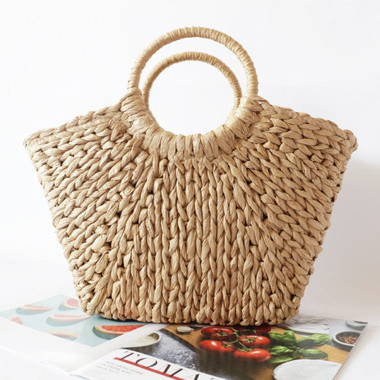 M / Beige Summer Handmade Bags for Women Beach Weaving Ladies Straw Bag Wrapped Beach Bag Moon shaped Top Handle Handbags Totes