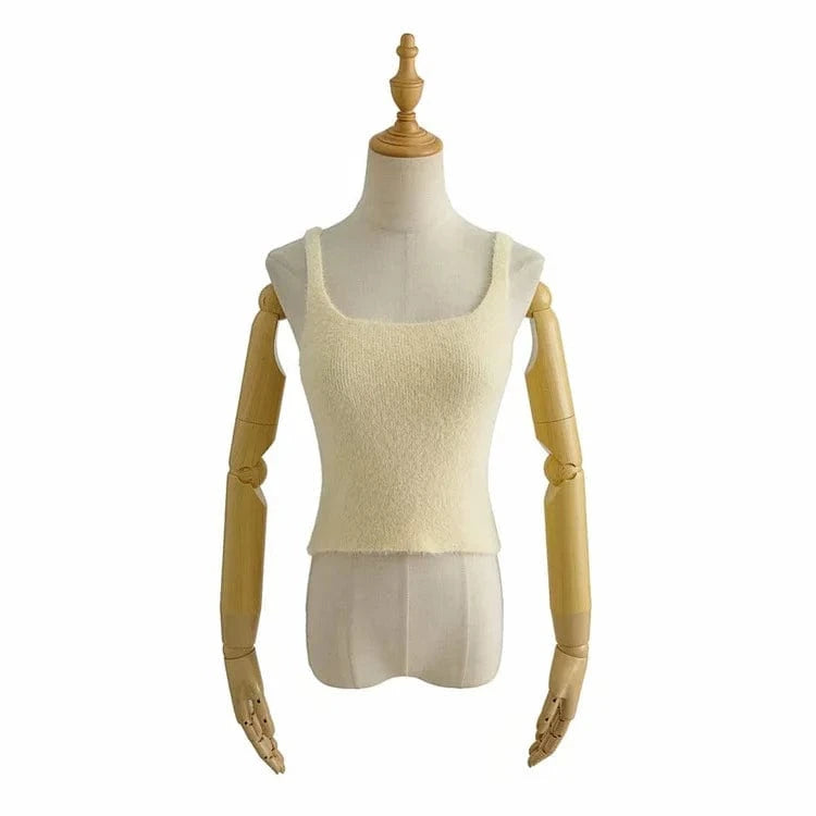 M / Beige Summer High Quality Crew Neck Pure Candy Color Y2K Plush Knitted Sleeveless Crop Women Tank Tops