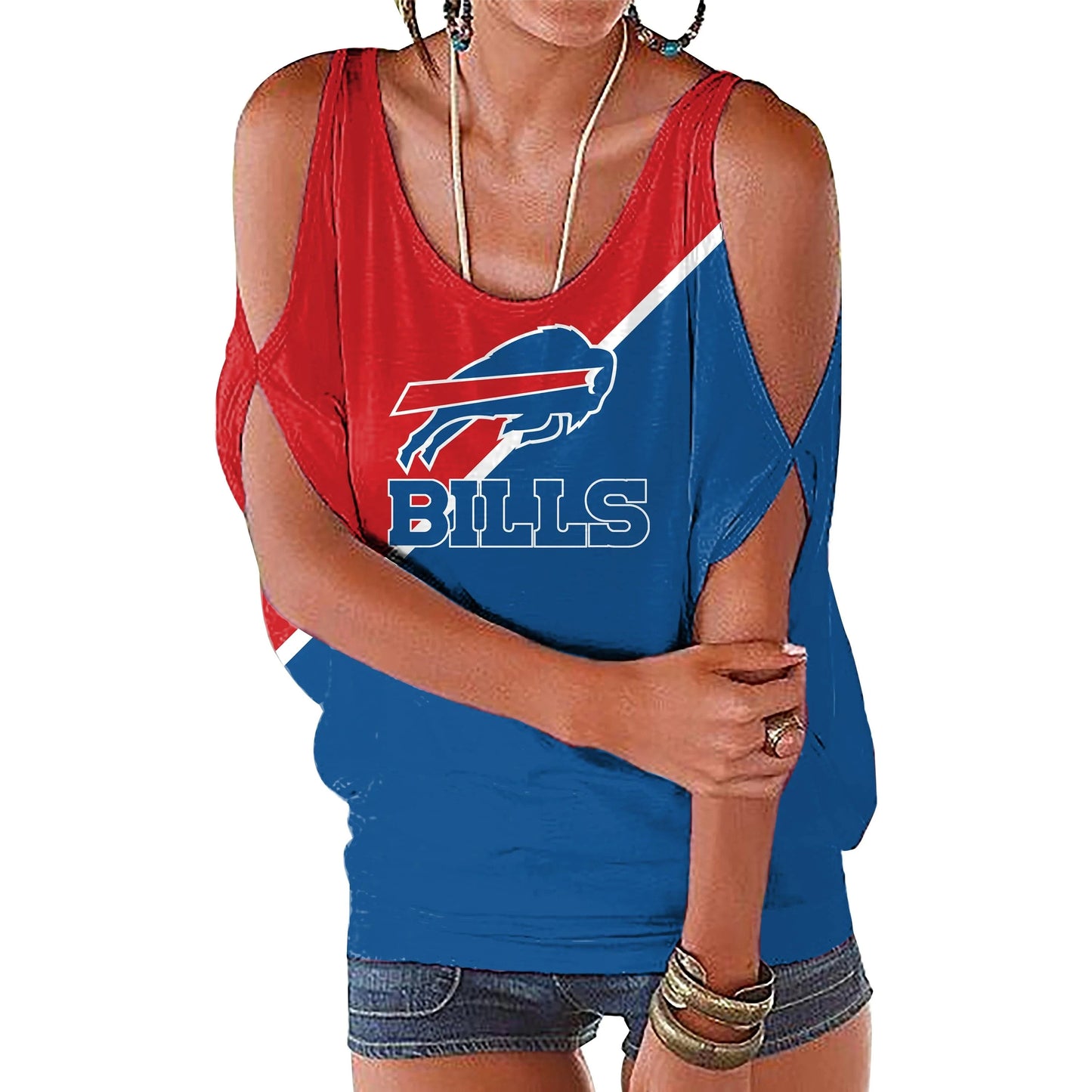M / bills custom nfl polyester t shirt girl o neck short sleeve plain shirts ladies off shoulder plus size women's blouses & shirts
