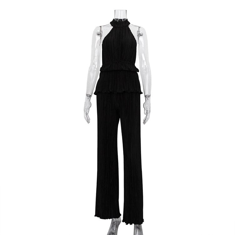 M / black 2022 Hot Sale Elegant Casual Loose Pleated Halter Tank Tops 2 Piece Pants Sets Wide Leg Pants Lounge Wear Women Two Piece Set