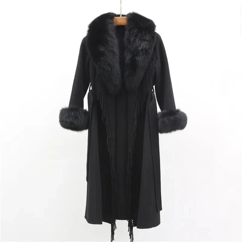 M / Black 2022 New Elegant Belted Tassels Fashion Blue Color Women Long Wool Cashmere Coat
