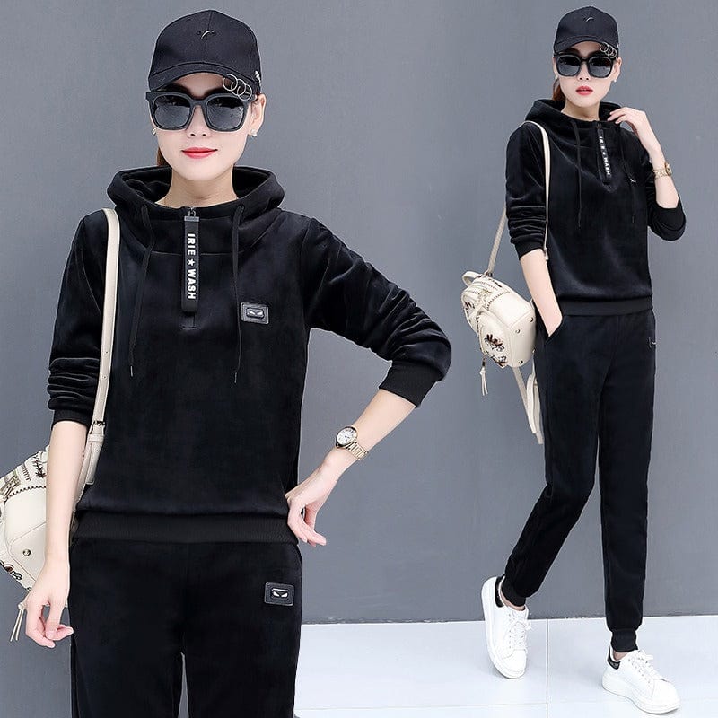 M / black 2022 winter Korean style embroidered casual two-piece plus velvet thickened gold velvet women's sportswear suit
