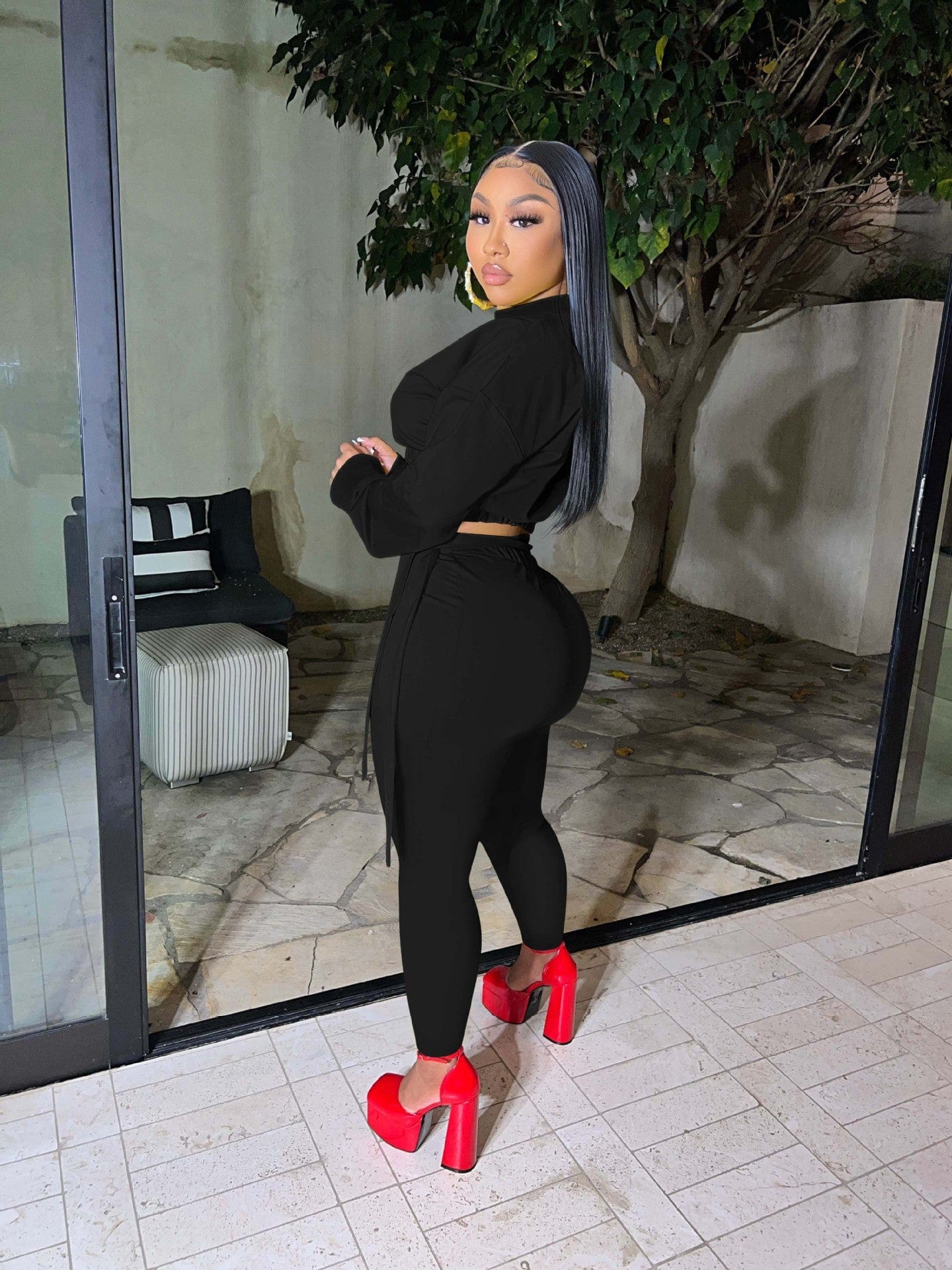 M / Black 2022 Women clothes Sport Two Piece Jogging Set Fall Women Clothing Solid Crop Top And Bandage Pants Suit
