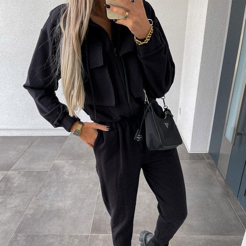 M / black 2023 Autumn New Arrival Casual Loose Two Piece Sets Women Zip Up Pullovers And Wide Leg Pants Solid Matching Sets