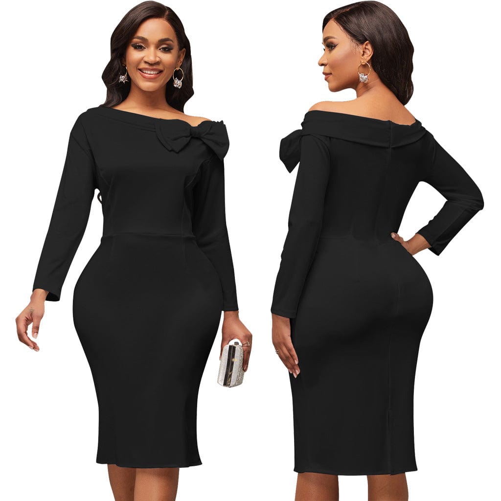 M / black C1103TA29 Office Stylish Elegant Solid Color Bow Bodycon Autumn Dress For Ladies Sehe Fashion