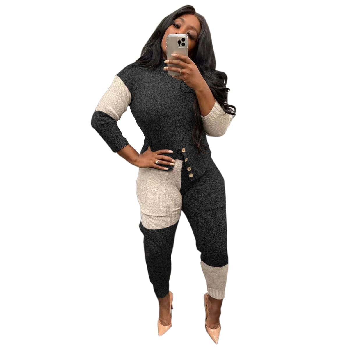 M / black C1103TA94 Fall And winter Casual Contrast Color Thick Two Piece Pants Set Women Sehe Fashion