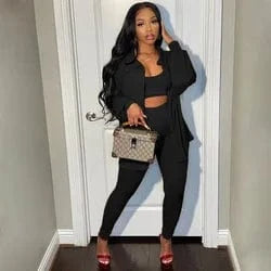 M / Black Clothing High Quality Women Fall Knit Set Tank Top Jacket and Pants Solid Rib 3 Piece Set Women