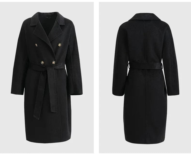 M / Black Double Breasted Cashmere Coat Elegant Belted Water Ripple Wool Coats Women