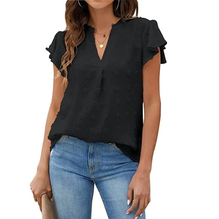 M / Black European and American Women's clothing 2023 Summer new V-neck Pleated lotus Leaf sleeve Fur ball top Chiffon shirt